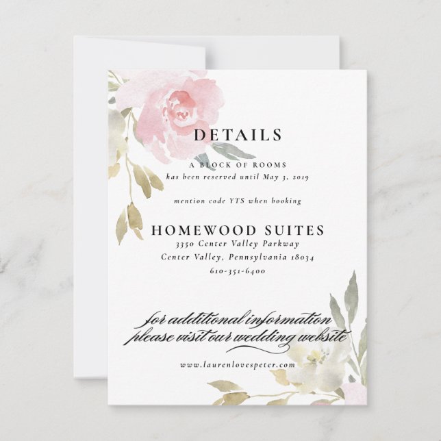 Classic Pink Floral Wedding Guest Information Card (Front)