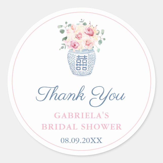 Classic Pink Garden Roses Bridal Shower Thank You  Classic Round Sticker (Front)