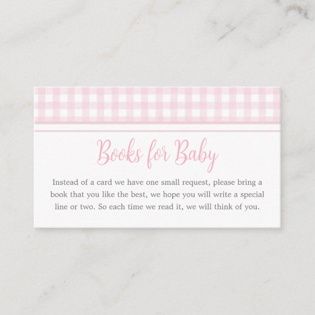 Classic Pink Gingham Baby Shower Books for Baby Enclosure Card (Front)