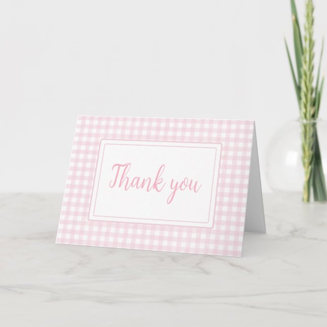 Classic Pink Gingham Baby Shower Thank You Card (Front)