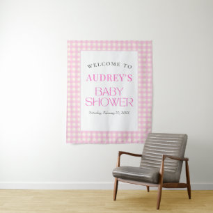 Classic Pink Gingham Girl Baby Shower Backdrop Tapestry