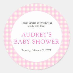 Classic Pink Gingham Girl Baby Shower Round Sticker