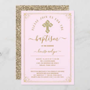 Classic Pink Gold Girl Baptism Invitation