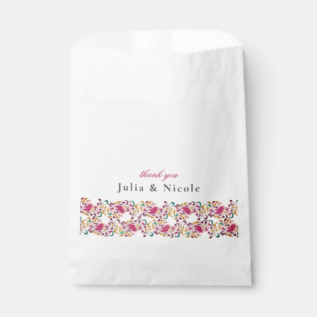Classic Pink Green Yellow Floral Swan Bird Wedding Favour Bag (Front)
