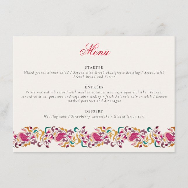 Classic Pink Green Yellow Floral Swan Bird Wedding Menu (Front)