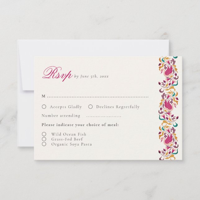 Classic Pink Green Yellow Floral Swan Bird Wedding RSVP Card (Front)