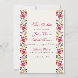 Classic Pink Green Yellow Floral Swan Bird Wedding Save The Date