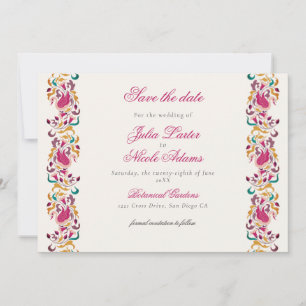 Classic Pink Green Yellow Floral Swan Bird Wedding Save The Date