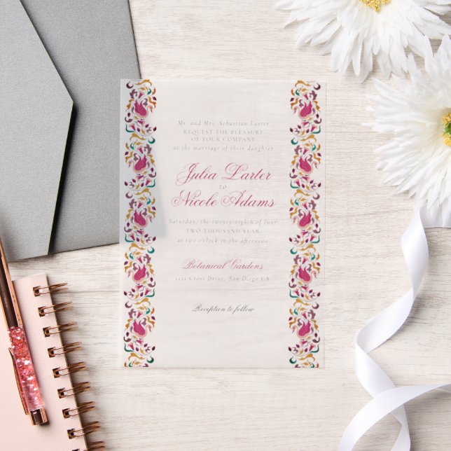 Classic Pink Green Yellow Floral Swan Bird Wedding Vellum Invitations (Wedding)