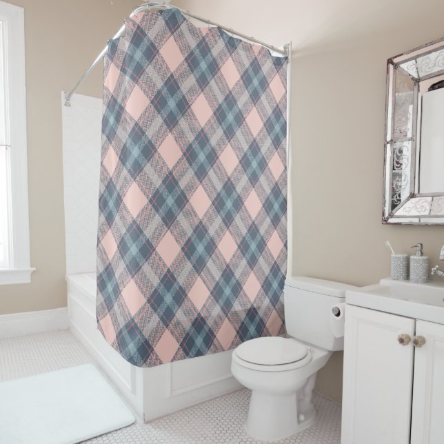 Classic Pink Grey Plaid Gingham Tartan Pattern Shower Curtain (In Situ)