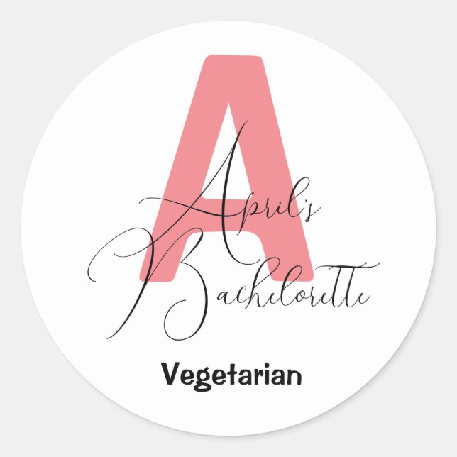 Classic Pink, name and initial bachelorette Round Sticker (Front)