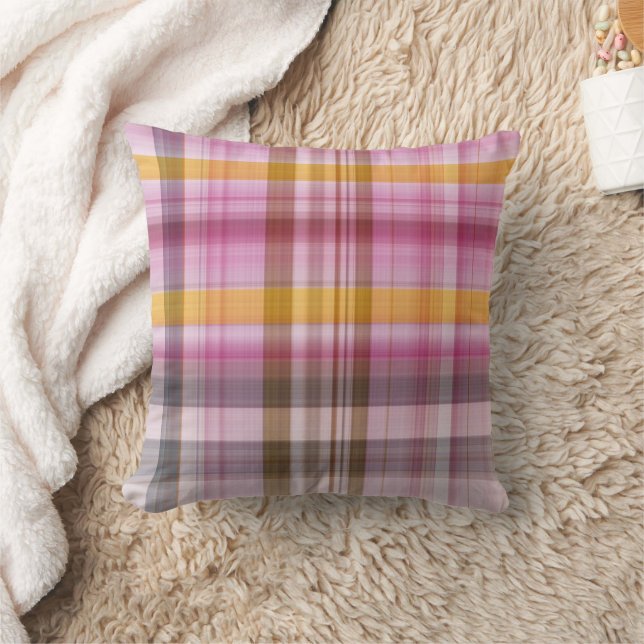 Classic Pink Orange Plaid Decorative Pillow (Blanket)