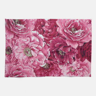 Classic Pink Peonies Clusters Floral Kitchen Towel