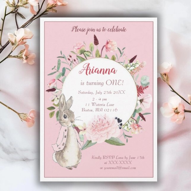 Classic Pink Peter Rabbit Floral Birthday  Invitation (Creator Uploaded)
