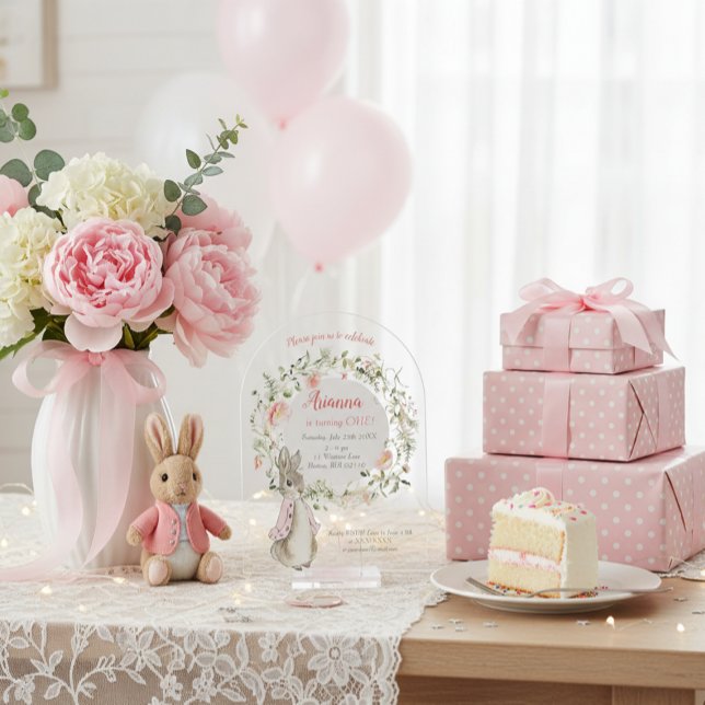 Classic Pink Peter the Rabbit Floral Birthday  Acrylic Invitations (Creator Uploaded)