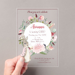 Classic Pink Peter the Rabbit Floral Birthday  Acrylic Invitations