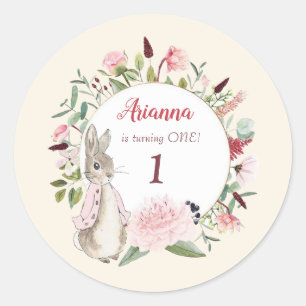 Classic Pink Peter the Rabbit Floral Birthday Classic Round Sticker