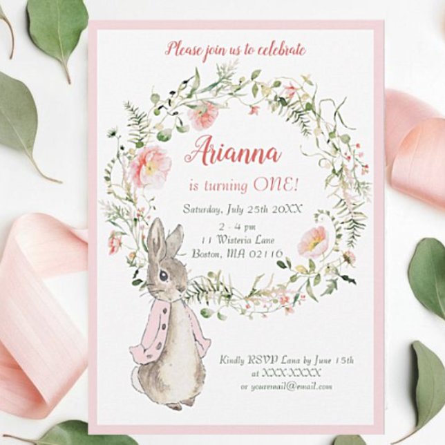 Classic Pink Peter the Rabbit Floral Birthday  Invitation (Creator Uploaded)