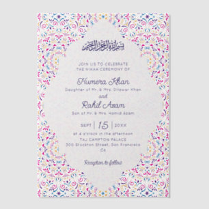 Classic Pink Purple Blue Jewel Gold Muslim Wedding Vellum Invitations
