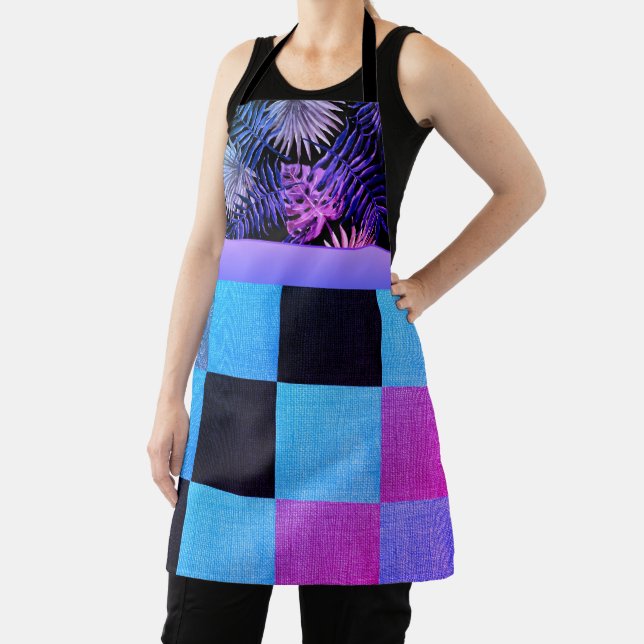 Classic Pink Purple Chequered Tropical Ferns Apron (Insitu)
