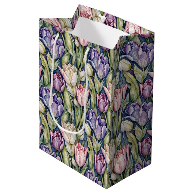 Classic Pink, Purple, Whute Tulips Medium Gift Bag (Front Angled)