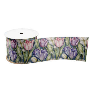 Classic Pink, Purple, Whute Tulips Satin Ribbon