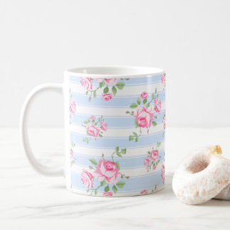 Classic Pink Rose and Stripe Cottage Core  Coffee Mug