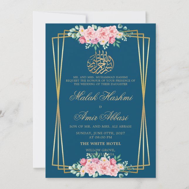 Classic Pink Rose Blue Islamic Muslim wedding Invitation (Front)