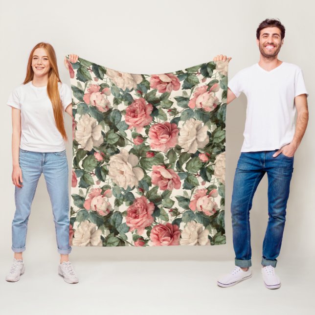 Classic Pink Rose Cream Floral Pattern Fleece Blanket (In Situ)