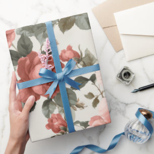 Classic Pink Rose Cream Floral Pattern Wrapping Paper