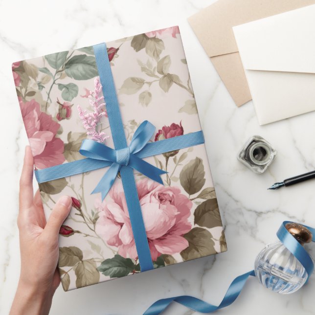 Classic Pink Rose Cream Floral Pattern Wrapping Paper (Gifting)