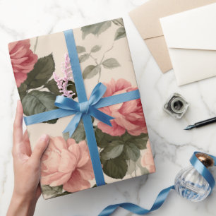 Classic Pink Rose Cream Floral Pattern Wrapping Paper