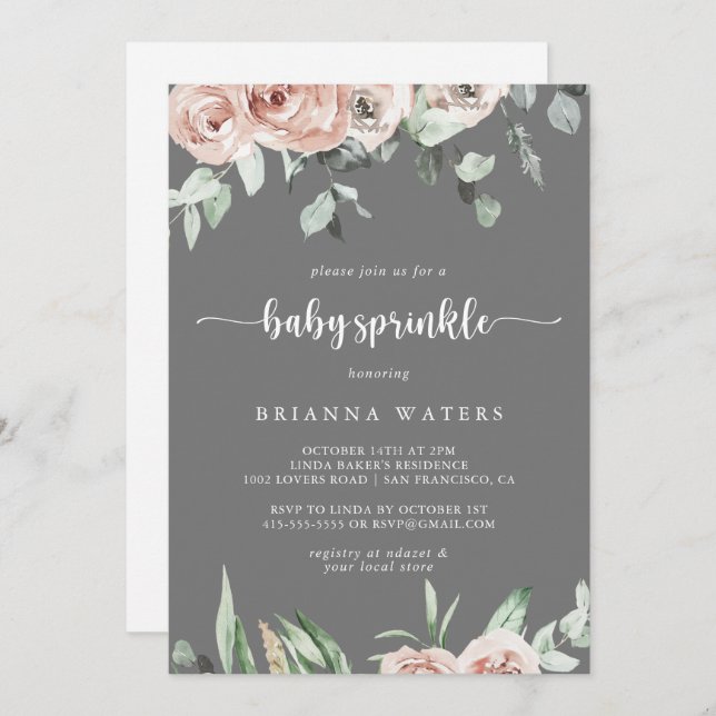 Classic Pink Rose Floral Grey Baby Sprinkle  Invitation (Front/Back)