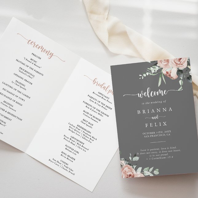 Classic Pink Rose Floral Grey Folded  Program (Creator Uploaded)