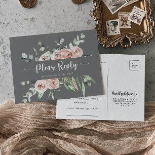 Classic Pink Rose Floral Grey Menu Choice RSVP Postcard