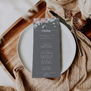 Classic Pink Rose Floral Grey Wedding Dinner  Menu