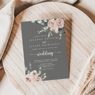 Classic Pink Rose Floral Grey Wedding    Invitation