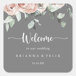 Classic Pink Rose Floral Grey Wedding Welcome  Square Sticker