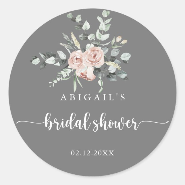 Classic Pink Rose Grey Bridal Shower Favour    Classic Round Sticker (Front)