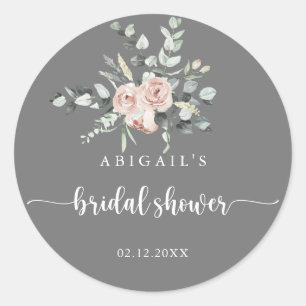 Classic Pink Rose Grey Bridal Shower Favour Round Sticker