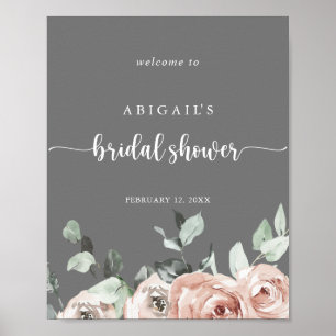 Classic Pink Rose Grey Bridal Shower Welcome  Poster