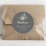 Classic Pink Rose Grey Thank You Wedding Favour    Classic Round Sticker<br><div class="desc">This classic pink rose grey thank you wedding favour classic round sticker is perfect for a rustic wedding. The design features elegant watercolor dusty pink roses and green foliage, neatly assembled into beautiful bouquets with a grey background. Make the sticker labels your own by including your names, the event (if...</div>