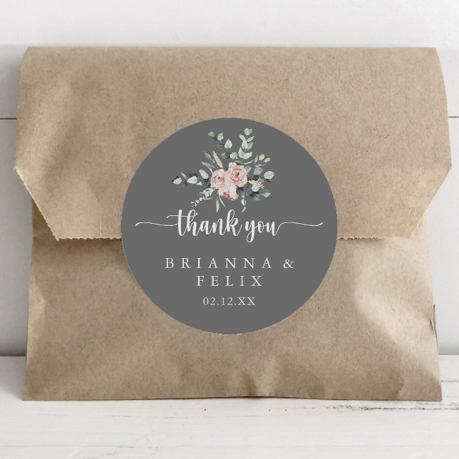 Classic Pink Rose Grey Thank You Wedding Favour    Classic Round Sticker (Creator Uploaded)