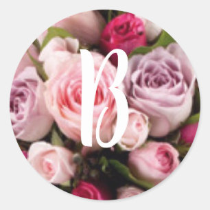 Classic Pink Rose Monogram Wedding Design Round Sticker