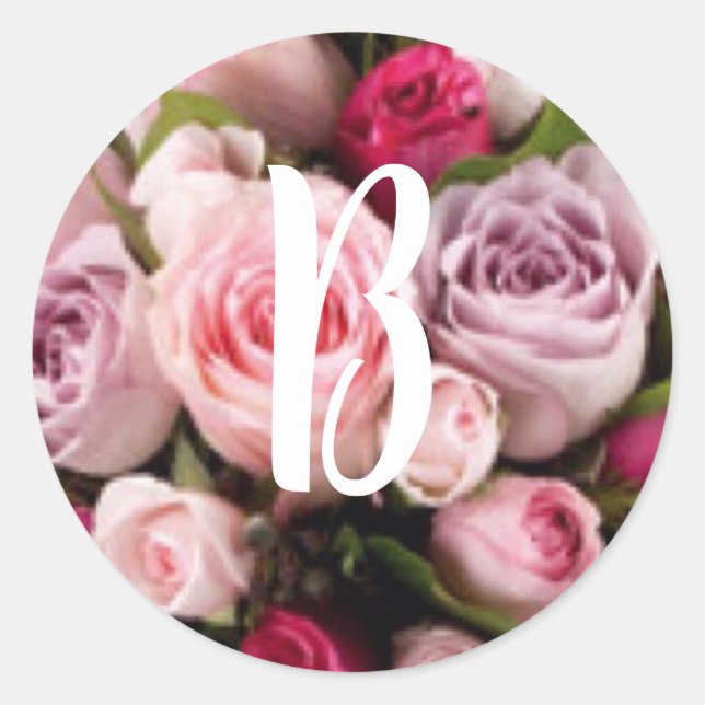 Classic Pink Rose Monogram Wedding Design Round Sticker (Front)