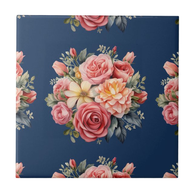 Classic Pink Roses Floral on a Blue Background Ceramic Tile (Front)
