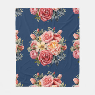 Classic Pink Roses Floral on a Blue Background Fleece Blanket