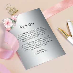 Classic Pink Roses on Silver Wedding  Thank You Card