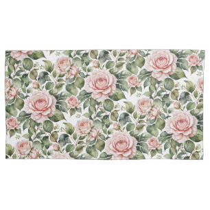 Classic Pink Roses & Sage Leaves Pillowcase