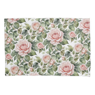 Classic Pink Roses & Sage Leaves Pillowcase